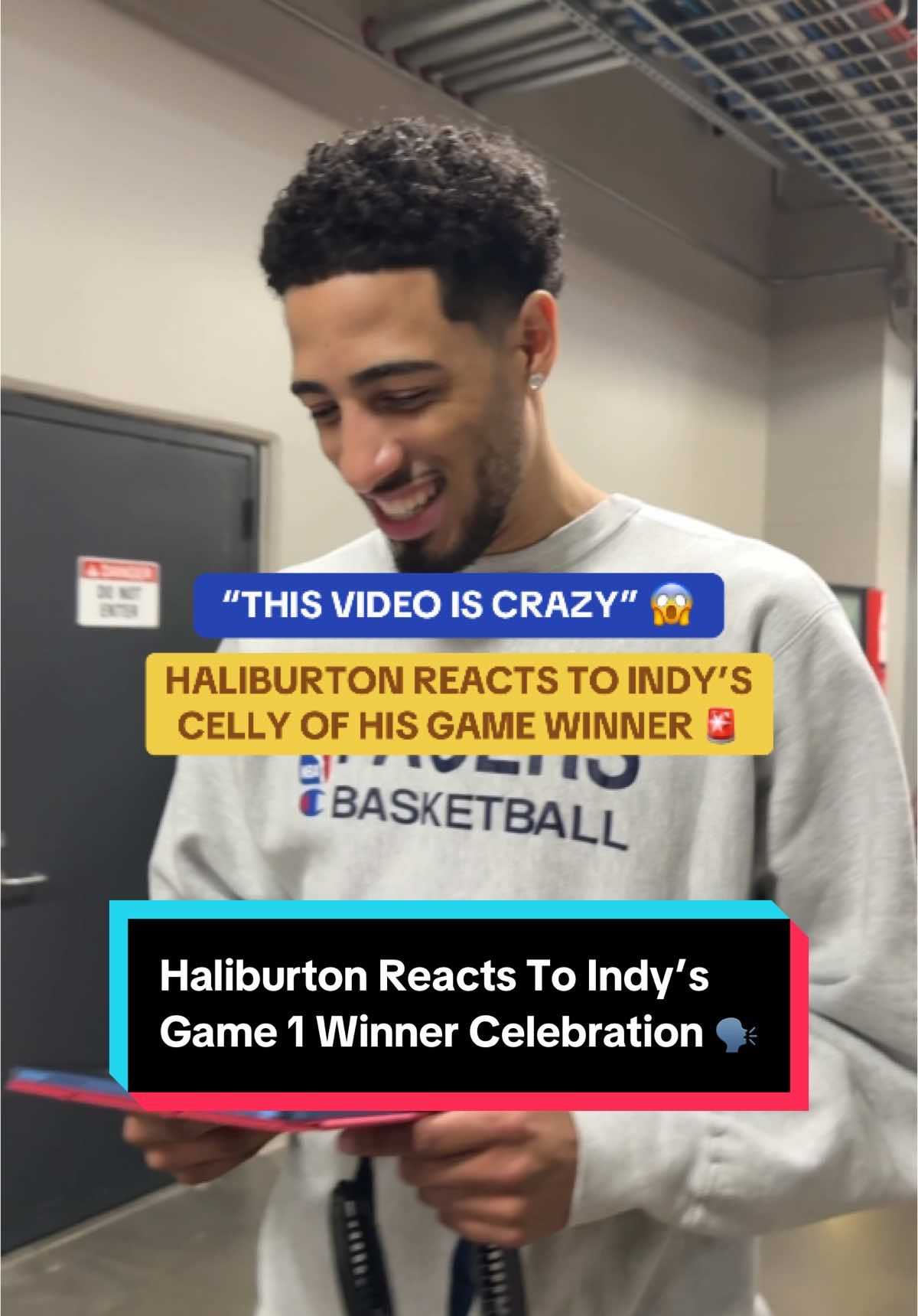 Haliburton reacts to the eruption back in Indianapolis to his Game 1 winner! 🗣️😱 @Pacers 