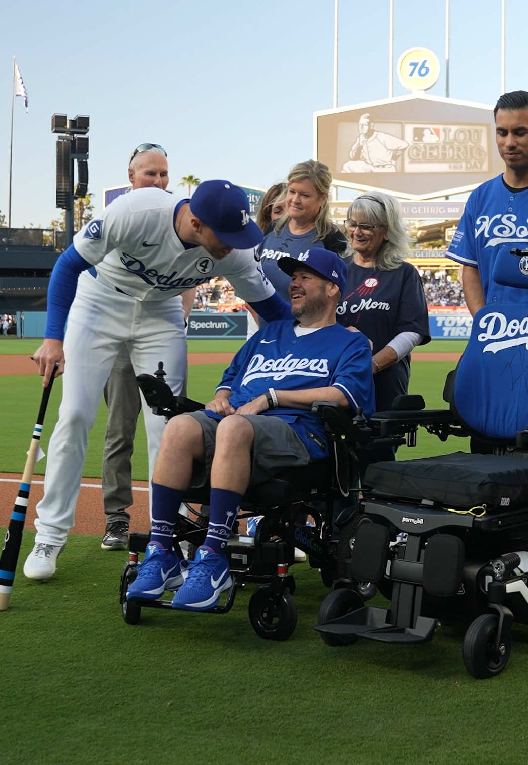 In honor of Lou Gehrig Day, Freddie and the Dodgers presented a custom Dodgers-branded Permobil wheelchair to Jason Ramirez, a lifelong Dodger fan who was recently diagnosed with ALS. 